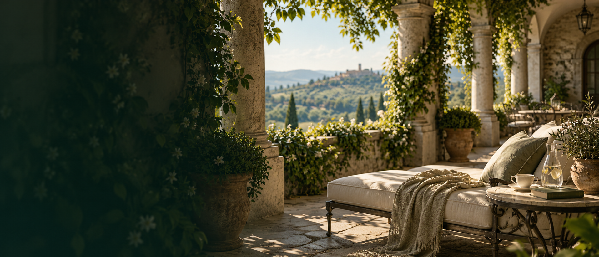 Terrazza con chaise longue e vista sulle colline