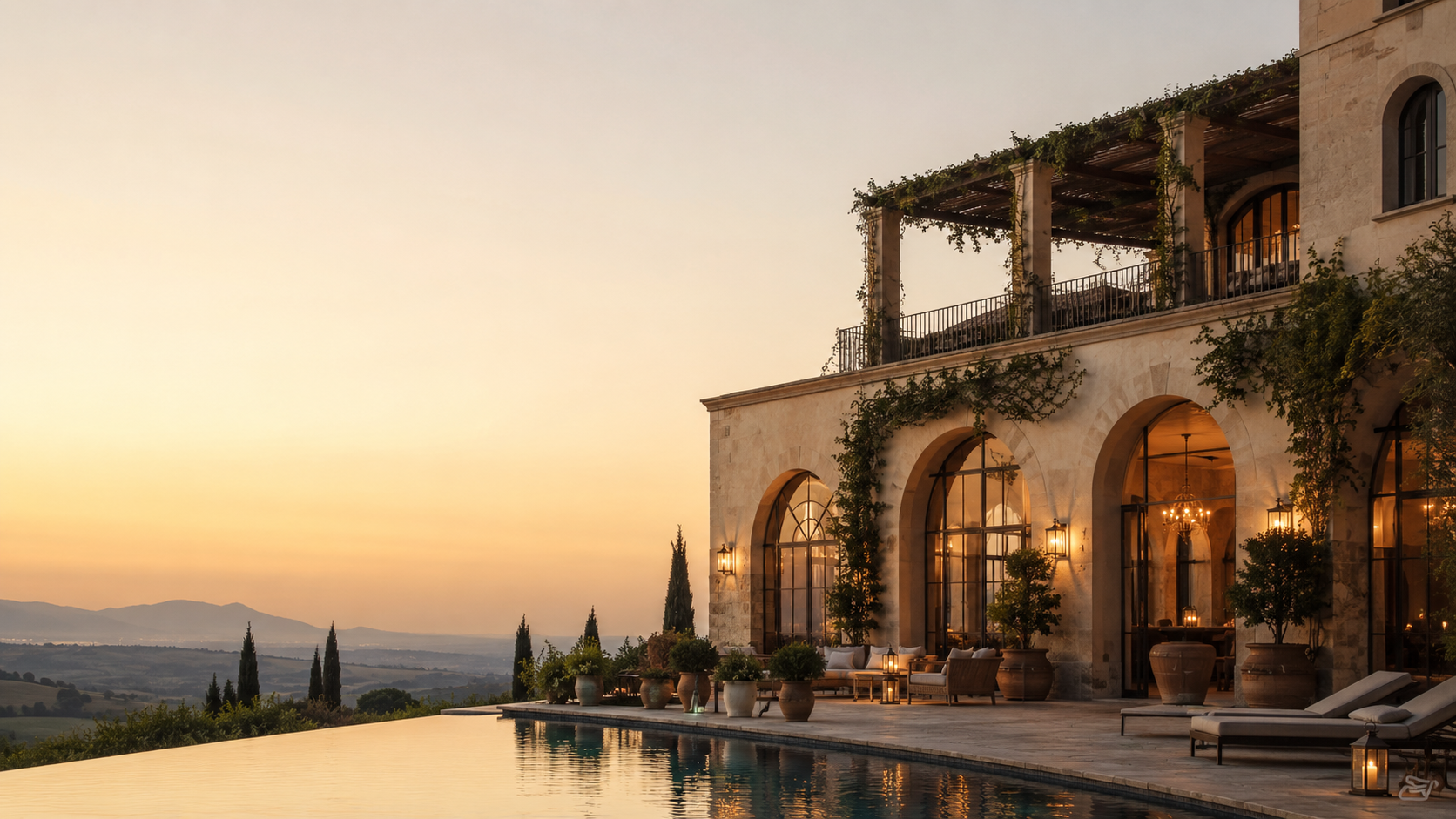 Dimora italiana con piscina panoramica al tramonto